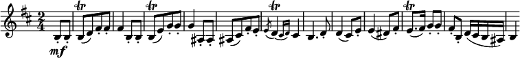  { \relative b { \key b \minor \time 2/4
\partial 4 b8-. \mf b-.| b8([ \trill d) fis-. fis-.] | fis4 b,8-. b-. | b8([ \trill e) g-. g-.] |
g4 ais,8-. ais-. | ais8([ cis) fis-. e-.] | \acciaccatura e8 \afterGrace d4( \trill { cis16 d) } cis4 |
b4. d8-. | d4( cis8) e-. | e4( dis8) fis-. | e8.( \trill fis16) g8-. g-. | fis8-. b,-. d16( cis b ais) | b4 }}
\layout { \context {\Score \override SpacingSpanner.common-shortest-duration = #(ly:make-moment 1/4) }} 