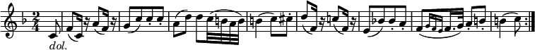 
\relative c' {
\key f \major \time 2/4
\partial 8 c8 _\markup{ \italic "dol."} | f8( c16) r a'8( f16) r
g8([ c) c-. c-.] | a8( d) d c32( b a b) | b4( c8) cis-. | d8( f,16) r c'!8( f,16) r
e8([ bes'!) bes-. a-.] | f8([ \grace { g16 f e } f16. g32)] a8-. b-. | b4( c8) \bar ":|."
} 