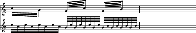 
\relative c'' << { \override Score.TimeSignature #'stencil = ##f } \time 2/4 \new staff { \repeat tremolo 4 { c32 a } \repeat tremolo 4 { g64 c } \repeat tremolo 4 { g64 b } | s4 } \new staff { c32 a c a c a c a g64 [c g c g c g c] g [b g b g b g b] | s4 } >>
