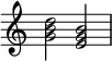  {
\override Score.TimeSignature #'stencil = ##f
\relative c'' { 
  \clef treble \time 4/4
  <g b d>2 <e g b>
} }
