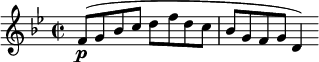  \relative c' { \clef treble \key bes \major \time 2/2 \set Staff.midiInstrument = #"flute" f8(\p g bes c d f d c | bes g f g d4) } \midi{\tempo 4 = 190}