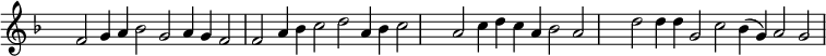 
{ \key f \major 
\set Score.tempoHideNote = ##t
\tempo 2=72
\set Staff.midiInstrument = "english horn"
\override Score.TimeSignature #'transparent = ##t 
\override Score.BarNumber  #'transparent = ##t
\time 6/2
f'2 g'4 a' bes'2 g' a'4 g' f'2
f'2 a'4 bes' c''2 d'' a'4 bes' c''2
\time 5/2 
a'2 c''4 d'' c'' a' bes'2 a'
\time 7/2
d''2 d''4 d'' g'2 c'' bes'4( g') a'2 g'
}
