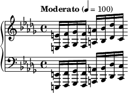 
{  \new PianoStaff <<
    \new Staff = "RH" \relative c'' { \clef treble \key des \major \time 4/4 \tempo "Moderato" 4 = 100 <e, e,>16 <f f,>16 <ges ges,>16 <f f,>16 <a a,>16 <bes bes,>16 <des des,>16 <c c,>16}
    \new Staff = "LH" \relative c { \clef bass \key des \major <e, e,>16 <f f,>16 <ges ges,>16 <f f,>16 <a a,>16 <bes bes,>16 <des des,>16 <c c,>16} >> }
