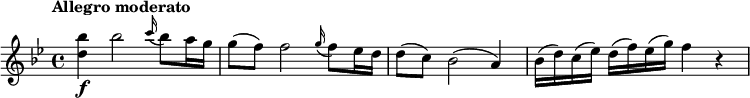 
\relative c''' {
  \key bes \major
  \tempo "Allegro moderato"
  <bes d,>4\f bes2 \grace c16( bes8) a16 g | g8( f) f2 \grace g16( f8) es16 d | d8( c) bes2( a4) | bes16(d) c(es) d(f) es(g) f4 r
}
