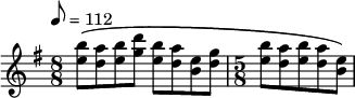 
{
\clef treble
\key g \major
\time 8/8
\tempo 8 = 112
\set Staff.midiInstrument = #"oboe"
<e'' b''>8[\( <d'' a''> <e'' b''> <g'' d'''>] <e'' b''>[ <d'' a''> <b' e''> <d'' g''>]
\time 5/8
<e'' b''>[ <d'' a''> <e'' b''> <d'' a''> <b' e''>]\)
}
