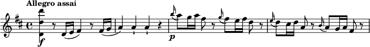 
\relative c'' {
 \key d \major
 \tempo "Allegro assai"
  <d' d, d,>\f r8 d,,16( e fis4) r8 fis16( g a4) a-! a-! r \grace b'16\p(a8 ) g16 a fis8 r \grace g16(fis8 ) e16 fis d8 r \grace e16(d8 ) cis16 d a8 r \grace b16(a8 ) g16 a fis8 r
}
