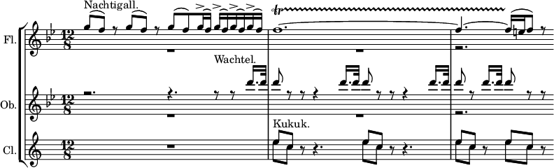 
{#(set-global-staff-size 14)
\set Score.proportionalNotationDuration = #(ly:make-moment 1/13)
  \new StaffGroup <<
    \new Staff = "flute" \with {
      instrumentName = #"Fl."
    } {
      <<
        \new Voice = "up" \relative c'''{
          \set Staff.midiInstrument = #"flute"
          \stemUp \voiceOne
          \clef treble 
          \once \hide TimeSignature
          \key bes \major
          \time 12/8
          \stemUp
          g8^(^"Nachtigall." f) r g^( f) r g^( f) g16^(^> f) g^(^> f) g^(^> f) g^(^> f) f1.~\startTrillSpan f4.~ f16^( \stopTrillSpan  e f8) r
        }
        \new Voice = "down" \relative c''{
          \stemDown \voiceTwo
          R1. R r2.
        }
      >>
    }
    \new Staff = "oboe" \with {
      instrumentName = #"Ob."
    } {
      <<
        \new Voice = "up" \relative c''' {
          \set Staff.midiInstrument = #"oboe"
          \stemUp \voiceOne
          \key bes \major
          r2. r4. r8^"Wachtel." r8 d16. d32 d8 r r r4 d16. d32 d8 r r r4 d16. d32 d8 r d16. d32 d8 r r
        }
        \new Voice = "down" \relative c''{
            \stemDown \voiceTwo
            R1. R r2.
        }
      >>
    }
    \new Staff = "clarinet" \with {
      instrumentName = #"Cl."
    } {
      <<
       \new Voice = "up" \relative c''{
          \set Staff.midiInstrument = #"clarinet"
          \transposition bes
          \stemUp
          \key c \major
          R1. e8^"Kukuk." c r r4. e8 c r r4. e8 c r e c r
        }
          \new Voice = "down" \relative c''{
          \stemDown
          s1. e8 c s s4. e8 c s s4. e8 c s e c s
        }
      >>
    }
  >>
}
