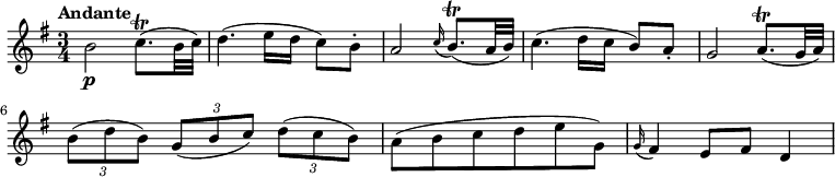 
\relative c'' {
  \version "2.18.2"
    \key g \major
    \time 3/4
    \tempo "Andante" 
    b2\p c8.\trill (b32 c)
    d4. (e16 d c8) b-.
    a2  \grace c16 (b8.)\trill (a32 b)
    c4. (d16 c b8) a-.
    g2 a8.\trill (g32 a)
    \tuplet 3/2 {b8 (d b)}  \tuplet 3/2 {g8 (b c)}  \tuplet 3/2 {d8 (c b)}
    a8 (b c d e g,)
    \grace g16 (fis4) e8 fis d4
  }
