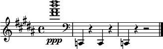  \relative c'''' { \clef treble \time 4/4 \key b \major <dis b fis dis>1\ppp | \clef bass c,,,,,4 r c r | c r r2 \bar "|." }