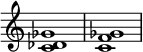  {

\override Score.TimeSignature #'stencil = ##f
\relative c' { 
  \clef treble \time 4/4
  <c des ges>1 <c f ges>
} }
