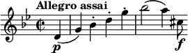 \relative c' { \key g \minor \time 2/2 \tempo "Allegro assai" \partial 4 d4\p( g) bes-. d-. g-. bes2( a4) cis,8\f }