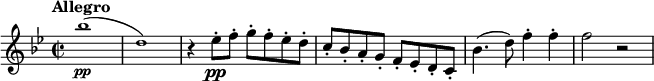 
\relative c''' {
  \tempo "Allegro"
  \key bes \major
  \time 2/2
  \tiny bes1\pp (| d,) | \normalsize r4 es8-.\pp f-. g-. f-. es-. d-. | c-. bes-. a-. g-. f-. es-. d-. c-. | bes'4. (d8) f4-. f-. | f2 r
}
