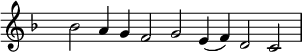 
{ \key f \major 
\set Score.tempoHideNote = ##t
\tempo 2=72
\set Staff.midiInstrument = "english horn"
\override Score.TimeSignature #'transparent = ##t 
\override Score.BarNumber  #'transparent = ##t
\time 7/2
bes'2 a'4 g' f'2 g' e'4 (f') d'2 c'
}
