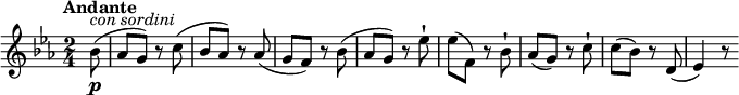 
\relative c''' {
  \tempo "Andante"
  \key ees \major
  \time 2/4
  \tempo 4 = 50	
  \partial 4 \partial 8 bes,8\p^\markup { \italic {con sordini} } (aes g) r8
  c8 (bes aes) r8
  aes (g f) r8 bes (aes g) r8
  ees'-! ees (f,) r8 bes-!
  aes (g) r8 c-!
  c (bes) r8
  d, (ees4) r8
}
