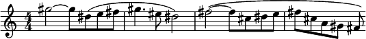  \relative c''' {
    \set Score.tempoHideNote = ##t
    \numericTimeSignature
    \tempo 4 = 126
    \set Staff.midiInstrument = #"alto sax"
    gis2 ~ gis8 dis (e fis gis4. eis8 dis2) fis2 ~ (fis8 cis dis e fis cis a gis fis)
 }
