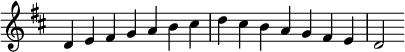   {
\override Score.TimeSignature #'stencil = ##f
\relative c' {
  \clef treble \key d \major \time 7/4 d4 e fis g a b cis d cis b a g fis e d2
} }
