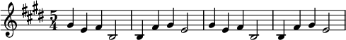  \relative c'' {\set Staff.midiInstrument = #"tubular bells" \time 5/4  \key e \major gis4 e fis b,2 | b4 fis' gis e2 | gis4 e fis b,2 | b4 fis' gis e2 |}