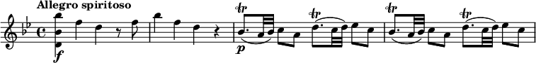 
\relative c''' {
  \override Score.NonMusicalPaperColumn #'line-break-permission = ##f
  \version "2.18.2"
  \tempo "Allegro spiritoso"
  \key bes \major
  \tempo 4 = 120
  <bes bes, d,>4\f f d r8 f |
  bes4 f d r |
  bes8.\trill\p( a32 bes) c8 a d8.\trill( c32 d) es8 c |
  bes8.\trill( a32 bes) c8 a d8.\trill( c32 d) es8 c |
}
