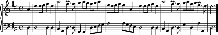 
\header {
  tagline = ##f
}
upper = \relative c'' {
  \set Staff.midiInstrument = "trumpet"
  \clef treble
  \key d \major
  \time 2/2
  \tempo 2 = 65
\partial 4 a4 d d8 e fis4 d a'2 fis4.\prall fis8 g4 a8 g fis g a4 e8 d e fis e4
a, d d8 e fis4 d a'2 fis4.\prall fis8 g a fis g e4.\prall d8 d2. \bar "||"
}
lower = \relative c {
  \set Staff.midiInstrument = "church organ"
  \clef bass
  \key d \major
\partial 4 d4 d2 d4 d cis a d4. d8 g,4 g d'8 e fis g a2 a8 g fis e
d2 d4 d cis a d4. d8 g4 d a' a, d2.
}
\score {
  \new PianoStaff <<
    \new Staff = "upper" \upper
    \new Staff = "lower" \lower
  >>
  \layout {
    \context {
      \Score
      \remove "Metronome_mark_engraver"
    }
  }
}
