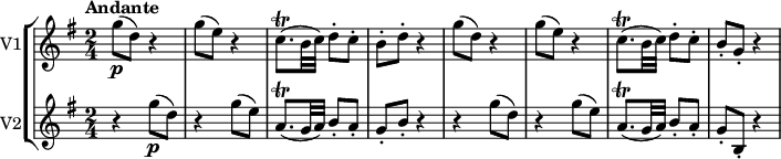 
\new StaffGroup <<
\new Staff  
\with {
  instrumentName = #"V1"
}
\relative c'' {
   \key g \major
   \time 2/4
   \tempo "Andante" 
  g'8\p (d) r4
  g8 (e) r4
  c8.\trill ([b32 c]) [d8-. c-.] b-. d-. r4
  g8 (d) r4
  g8 (e) r4
  c8.\trill ([b32 c]) [d8-. c-.] b-. g-. r4
             }
 \new Staff  
 \with {
  instrumentName = #"V2"
}
 \relative c''  {
   \key g \major
   \time 2/4
  r4 g'8\p (d) 
  r4 g8 (e) 
  a,8.\trill ([g32 a]) [b8-. a-.] g-. b-. r4
  r4 g'8 (d) 
  r4 g8 (e) 
  a,8.\trill ([g32 a]) [b8-. a-.] g-. b,-. r4
               } 
>>
