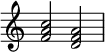  {
\override Score.TimeSignature #'stencil = ##f
\relative c' { 
  \clef treble \time 4/4
  <f a c>2 <d f a>
} }
