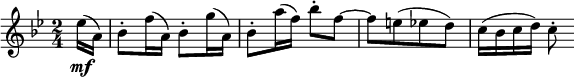 
\relative es'' {
\key bes \major \time 2/4
\partial 8 es16( \mf a,) | bes8-. f'16( a,) bes8-. g'16( a,)
bes8-. a'16( f) bes8-. f~ | f8[ e( es d)] | c16( bes c d) c8-.
} 