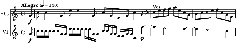 
<<
\new Staff \with { instrumentName = #"Hbs "}  \relative c'' {
    \version "2.18.2"
    \key c \major 
    \tempo "Allegro" 4 = 140
    \time 4/4
   \partial 8 g8\f  |
    c c4 g8 e'8 e4 g,8
    c g e g c4 r 
    \clef bass f,,8 ^ \markup{Vcs } g a b c g e c
    d e f g a e c a
}
\new Staff \with { instrumentName = #"V1 "}
    
    \relative c'' {
       \key c \major
  
  \partial 8 g8\f  |
  c16 c c c c c g g e'16 e e e e e g, g |
  c16 c g g e e g g c,4 g''~\p |
  g4 f2 e4~ |
  e4 d2 c4~ |
  }
>>
