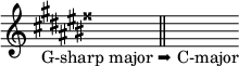 { \omit Score.TimeSignature \key gis \major _\markup { \halign #-.3 "G-sharp major ➡ C-major"} s^"" \bar "||"s^"" }