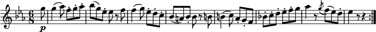 { \relative g'' { \key es \major \time 6/8
\partial 8 g8 \p | g4( as8) f-. g-. as-. | bes8( g) es-. es r f | f4( g8) es-. d-. c-. |
bes8( a) bes-. bes r b | b4( c8) as-. g-. f | bes!8-. c-. d-. es-. f-. g |
as4 r8 \acciaccatura g f( es) d-. | es4 r8 r4 \bar ":|." }}
\layout { \context {\Score \override SpacingSpanner.common-shortest-duration = #(ly:make-moment 1/4) }} 