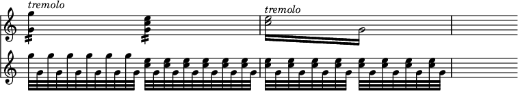 
\relative c'' << { \override Score.TimeSignature #'stencil = ##f } \time 2/4 \new staff { <g g'>4:16 ^\markup { \italic tremolo } <e' c g>:16 | \repeat tremolo 4 { <c e>16^\markup { \italic tremolo } g } | s4 } \new staff { g'32*8/12 g, g' g, g' g, g' g, g' g, g' g, <c e>32*8/12 g <c e> g <c e> g <c e> g <c e> g <c e> g | <c e>32 g <c e> g <c e> g <c e> g <c e> g <c e> g <c e> g <c e> g | s4 } >>
