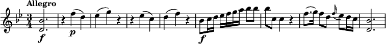 
\relative c' {
 \version "2.18.2"
 \key bes \major
 \time 3/4
 \tempo "Allegro"
   <d bes'>2.\f |
   r4 f'(\p d) |
   es4( g) r |
   r4 es( c) |
   d4( f) r |
   bes,8\f c16 d es f g a bes8 bes |
   bes8 c, c4 r |
   f8.( g16) f8 d \appoggiatura f16 es8 d16 c
   <d, bes'>2.
}
