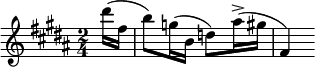 
 \relative c''
{
\clef treble \key b \major \time 2/4 \partial 16*2 dis'16( fis, b8) g16( b, d8) ais'16->( gis fis,4) 
}
