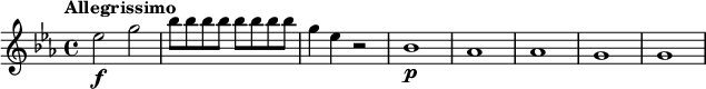 
\relative c'' {
  \key es \major
  \tempo "Allegrissimo"
  es2\f g |
  \repeat unfold 8 { bes8 } |
  g4 es r2 |
  bes1\p | as | as | g | g |
}
