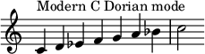  {
\override Score.TimeSignature #'stencil = ##f
\relative c' { 
  \clef treble \time 7/4
  c4^\markup { Modern C Dorian mode } d es f g a bes c2

} }
