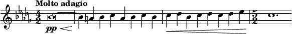  \relative c'' { \set Staff.midiInstrument = #"string ensemble 1" \clef treble \key bes \minor \time 4/2 \tempo "Molto adagio" bes\breve(~\pp\< | bes4\! a bes c a bes c bes | c\< des bes c des c des ees | \time 5/2 c1.\! } 