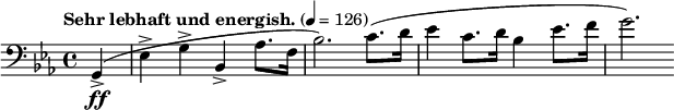  \new Staff \relative c {
  \clef bass \time 4/4 \key ees \major \tempo "Sehr lebhaft und energish." 4=126 \set Staff.midiInstrument = #"cello"
  \partial 4 g-\ff->(ees'-> g-> bes,-> aes'8. f16 bes2.) c8.(d16 ees4 c8. d16 bes4 ees8. f16 g2.)
} 