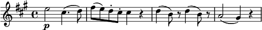 
\new Score {
  \new Staff {
    \transpose c a \relative c'' {
      \clef treble
      \key c \major
      \time 4/4

      g2\p e4.( f8) | a8( g) f-. e-. e4 r | 
      f4( d8) r f4( d8) r | c2( b4) r
    }
  }
}
