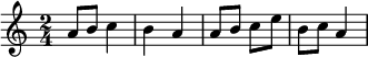  \relative c''{ \set Staff.midiInstrument = #"trombone" \clef treble \numericTimeSignature \time 2/4 \set Score.tempoHideNote = ##t \tempo 4 = 120 a8 b8 c4 b4 a4 a8 b8 c8 e8 b8 c8 a4 } 