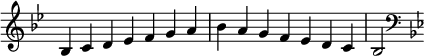   {
\override Score.TimeSignature #'stencil = ##f
\relative c' {
  \clef treble \key bes \major \time 7/4 bes4 c d es f g a bes a g f es d c bes2
  \clef bass \key bes \major
} }
