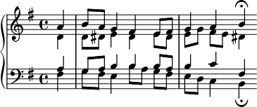 
    {
      \new PianoStaff <<
        \new Staff <<
            \new Voice \relative c'' {
                \stemUp \clef treble \key e \minor \time 4/4
                \partial4 a4 b8 a g4 fis e8 fis g4 a b \fermata
                }
            \new Voice \relative c' {
                \stemDown
                \partial4 d4 d8 dis e4 dis e8 dis e[ g] fis e dis4
                }
            >>
        \new Staff <<
            \new Voice \relative c' {
                \stemUp \clef bass \key e \minor \time 4/4
                \partial4 a g8 a b4 b b8 a b4 c fis,
                }
            \new Voice \relative c {
                \stemDown
                \partial4 fis4 g8 fis e4 b'8[ a] g fis e d c4 b_\fermata
                }
            >>
    >> }
