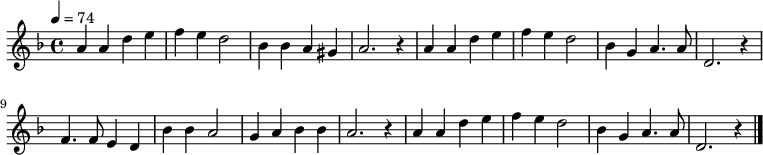 
\relative c' {
\new PianoStaff <<
\new Staff { \key d \minor \time 4/4 \tempo 4 = 74
a'4 a4 d4 e4 | f4 e4 d2 | bes4 bes4 a4 gis4 | a2. r4 |
a4 a4 d4 e4 | f4 e4 d2 | bes4 g4 a4. a8 | d,2. r4 \bar "|"
f4. f8 e4 d4 | bes'4 bes4 a2 | g4 a4 bes4 bes4 | a2. r4 |
a4 a4 d4 e4 | f4 e4 d2 | bes4 g4 a4. a8 | d,2. r4 \bar "|."
}
\addlyrics {
は る こ う ろ う の は な の え ん
め ぐ る さ か ず き か げ さ し て
ち よ の ま つ が え わ け い で し
む か し の ひ か り い ま い ず こ
}
>>
}
