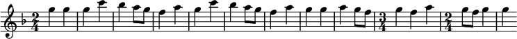 
  \relative {
  \key f \major
  \time 2/4
  \set Score.tempoHideNote = ##t \tempo 4 = 128
  {g''4 g4 | g4 c4 | bes4 a8 g8 | f4 a4 | g4 c4 | bes4 a8 g8 | f4 a4
   | g4 g4 | a4 g8 f8 | \time 3/4 g4 f4 a4 | \time 2/4 g8 f8 g4 | g4}
}
