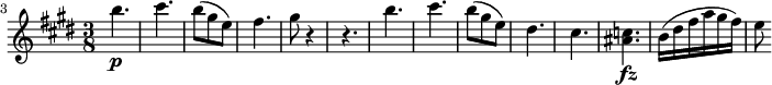 
\relative c''' {
  \key e \major
  \time 3/8
  \clef treble
  \set Score.tempoHideNote = ##t
  \tempo 8 = 96
  \set Staff.midiInstrument = "violin"
  \set Score.currentBarNumber = #3
  \bar ""
  b4. _\p cis b8( gis e) fis4. gis8 r4 r4. b4. cis b8( gis e) dis4. cis <ais c> _\fz b16( dis fis a gis fis) e8
}
