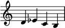 
{
\override Score.TimeSignature #'stencil = ##f
\relative c' {
  \clef treble
  \time 4/4 d es c b
} }
