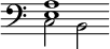 { \override Score.TimeSignature #'stencil = ##f \time 6/4 \clef bass << { <e a>1 } \\ { c2 b, }  >> }