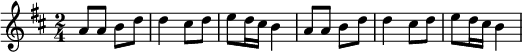 
\relative c'' {
  \key b \minor
  \time 2/4
  a8 a8 b8 d8 | d4 cis8 d8 | e8 d16 cis16 b4 | a8 a8 b8 d8 | d4 cis8 d8 | e8 d16 cis16 b4
}
