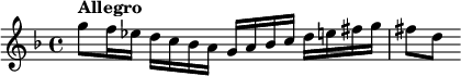 
    \relative c''' {
        \set Staff.midiInstrument = #"violin"
        \set Score.tempoHideNote = ##t \tempo 4 = 120
        \key g \dorian
        \time 4/4
        g8^\markup \bold "Allegro"
        f16 es d c bes a g a bes c d e fis g
        fis8[ d]
    }
