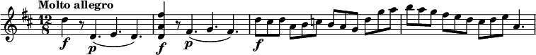 
\relative c' {
  \version "2.18.2"
  \tempo "Molto allegro"
  \key d \major
  \time 12/8
 d'4\f r8 d,4.\p (e4. d4.) <d a' fis'>4\f r8 fis4.\p (g4. fis4.)
 d'8\f cis d a b c b a g d' g a
 b a g fis e d cis d e a,4.
}
