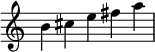 
\relative c'' {
  \time 5/4
  \omit Score.TimeSignature
  b cis e fis a
}
