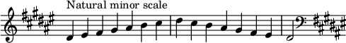  {
\omit Score.TimeSignature \relative c' {
  \key dis \minor \time 7/4 dis^"Natural minor scale" eis fis gis ais b cis dis cis b ais gis fis eis dis2
  \clef F \key dis \minor
} }
